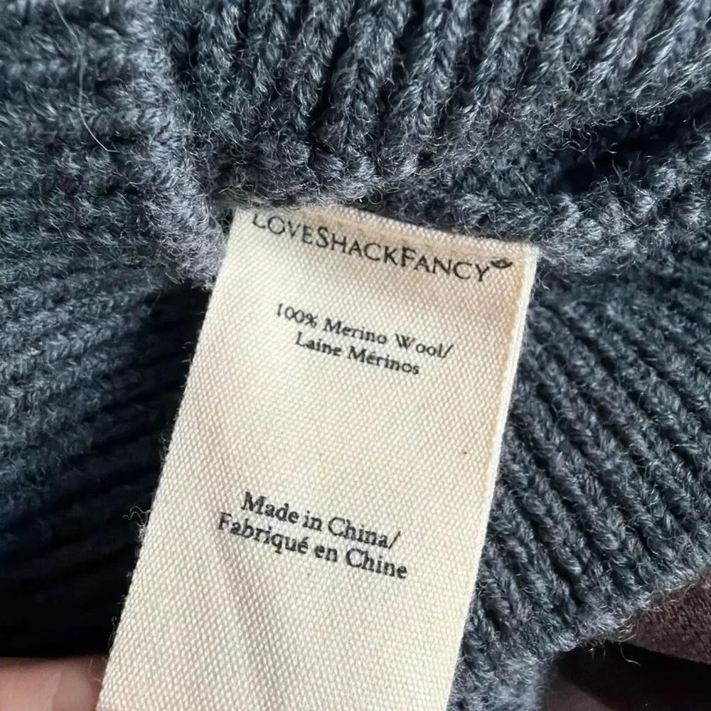 LoveShackFancy Charcoal Grey 100% Merino Wool Pearl Embellished Cardigan